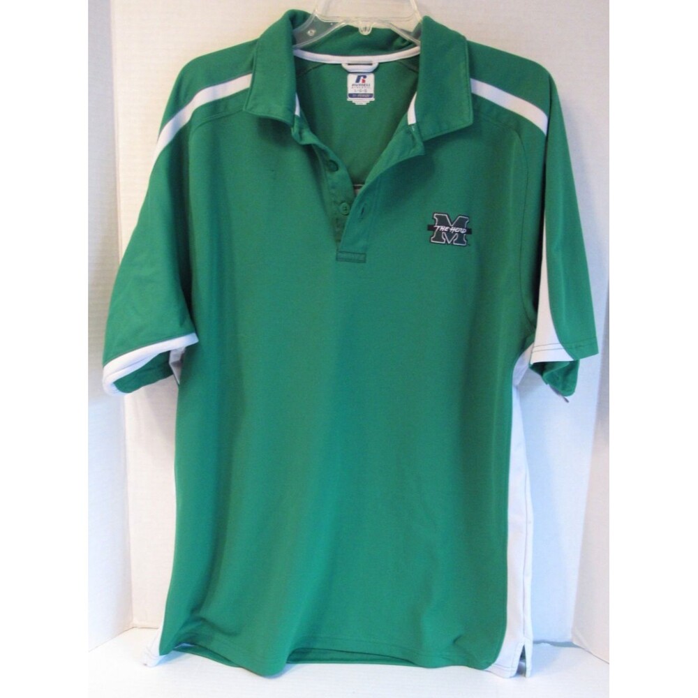 Mens Russell Green/White Dri Power Polo Shirt Marshall University Herd Size L